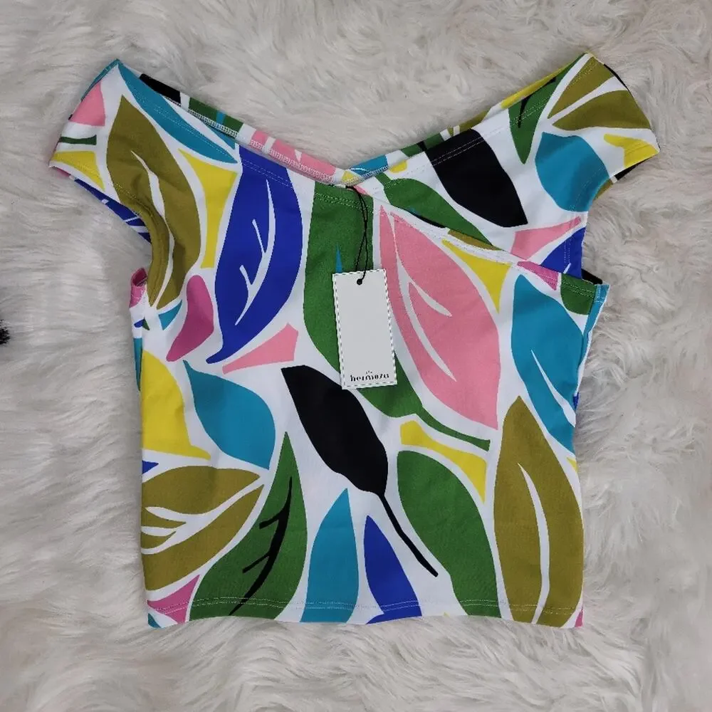 HERMOZA Green Blue Abstract Leafy Print Off Shoulder Swim Top Crisscross Beachy
